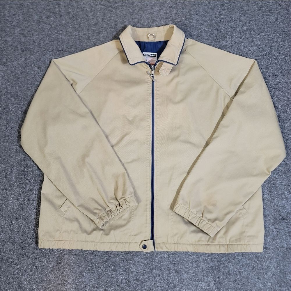 Vintage 80s Mighty Mac Out O’ Gloucester Drizzler Jacket Tan Blue USA XL Sailing